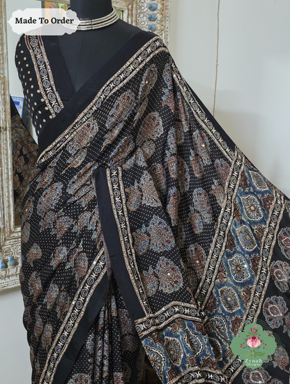 Zynah Made To Order Black Ajrakh Modal Silk Saree With Lagdi Patta Pallu & Hand Embellishments; Custom Stitched/Ready-made Blouse, Fall, Petticoat; SKU:1909202504