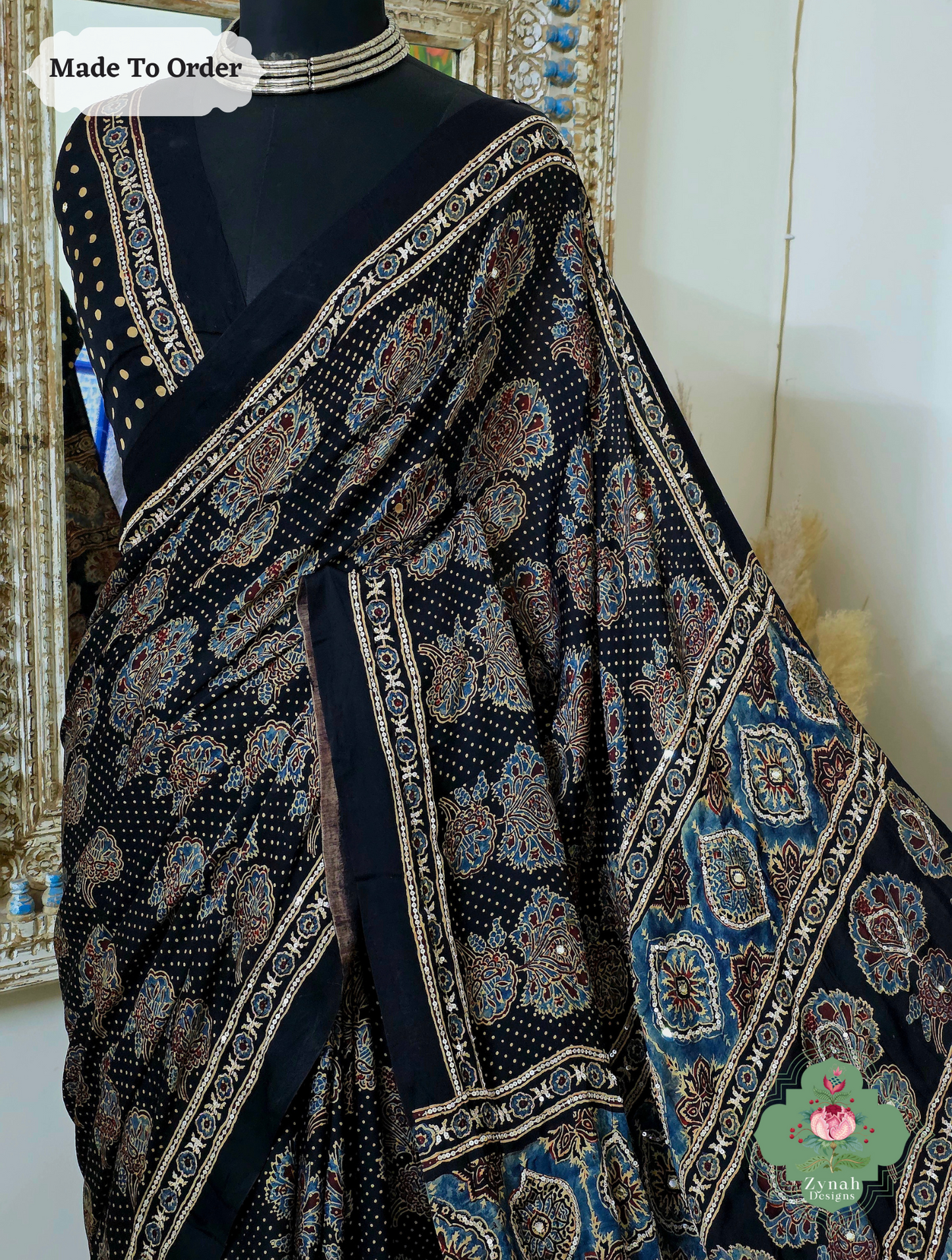 Zynah Made To Order Black Ajrakh Modal Silk Saree With Lagdi Patta Pallu & Hand Embellishments; Custom Stitched/Ready-made Blouse, Fall, Petticoat; SKU:1909202504