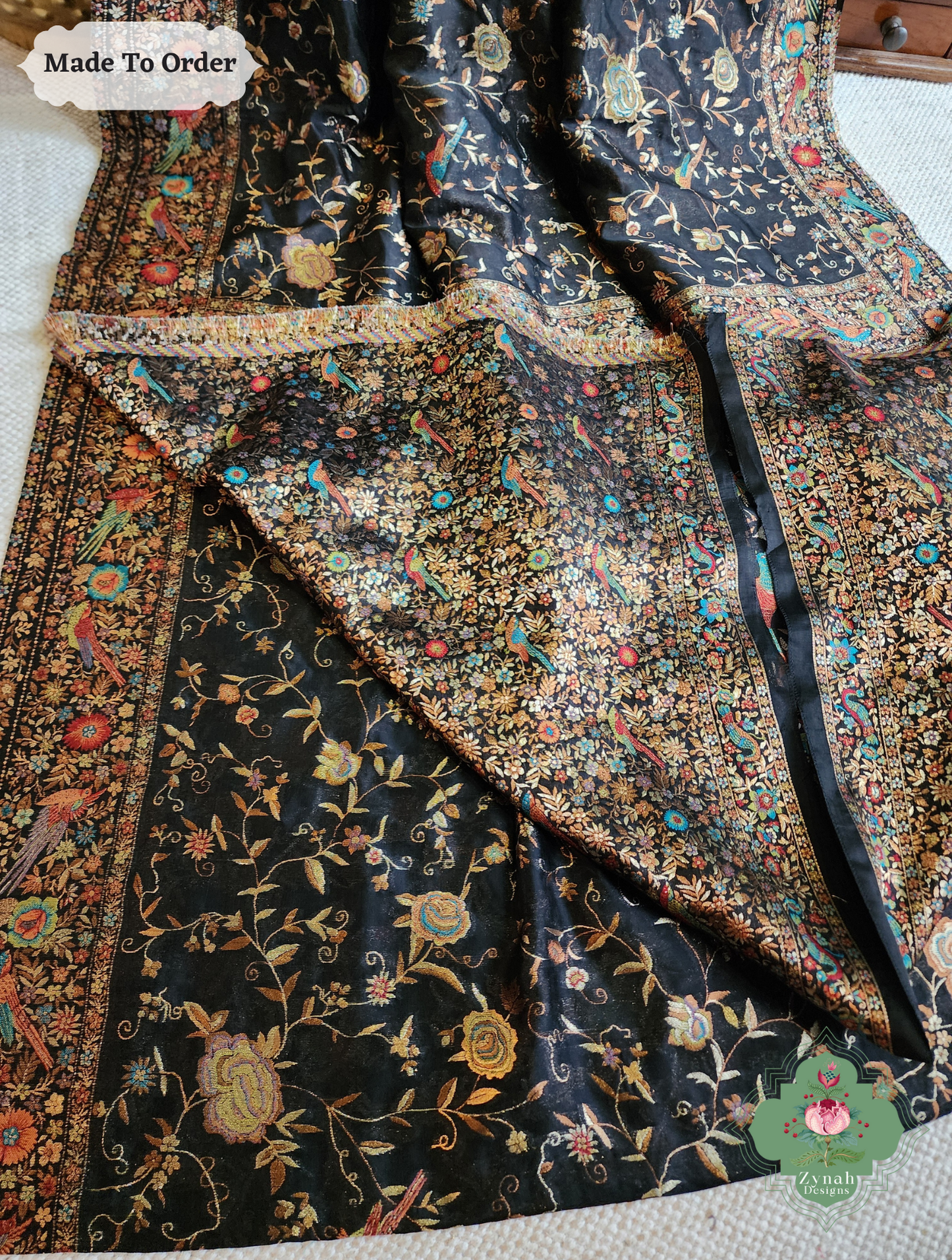 Zynah Made To Order Black Handwoven Kashmiri Pure Kani Silk Jamavar Saree; Custom Stitched/Ready-made Blouse, Fall, Petticoat; SKU: 0110202504