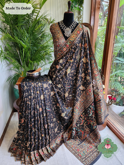 Zynah Made To Order Black Handwoven Kashmiri Pure Kani Silk Jamavar Saree; Custom Stitched/Ready-made Blouse, Fall, Petticoat; SKU: 0110202504