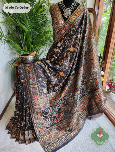 Zynah Made To Order Black Handwoven Kashmiri Pure Kani Silk Jamavar Saree; Custom Stitched/Ready-made Blouse, Fall, Petticoat; SKU: 0110202504