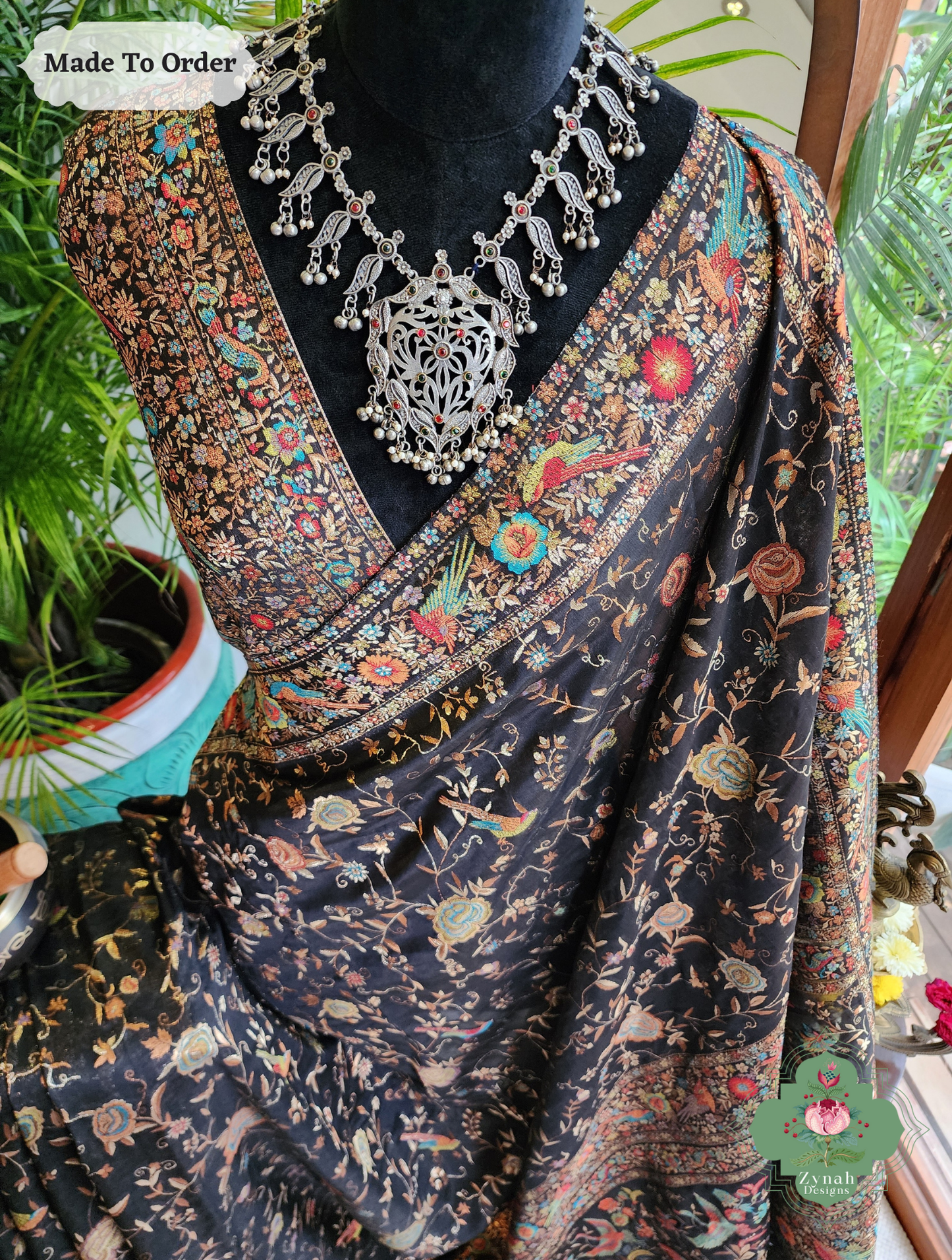 Zynah Made To Order Black Handwoven Kashmiri Pure Kani Silk Jamavar Saree; Custom Stitched/Ready-made Blouse, Fall, Petticoat; SKU: 0110202504