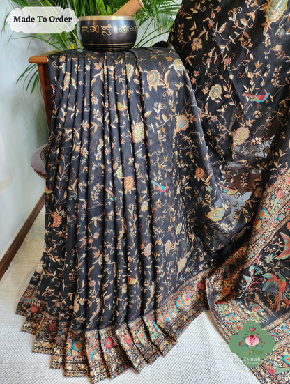 Zynah Made To Order Black Handwoven Kashmiri Pure Kani Silk Jamavar Saree; Custom Stitched/Ready-made Blouse, Fall, Petticoat; SKU: 0110202504