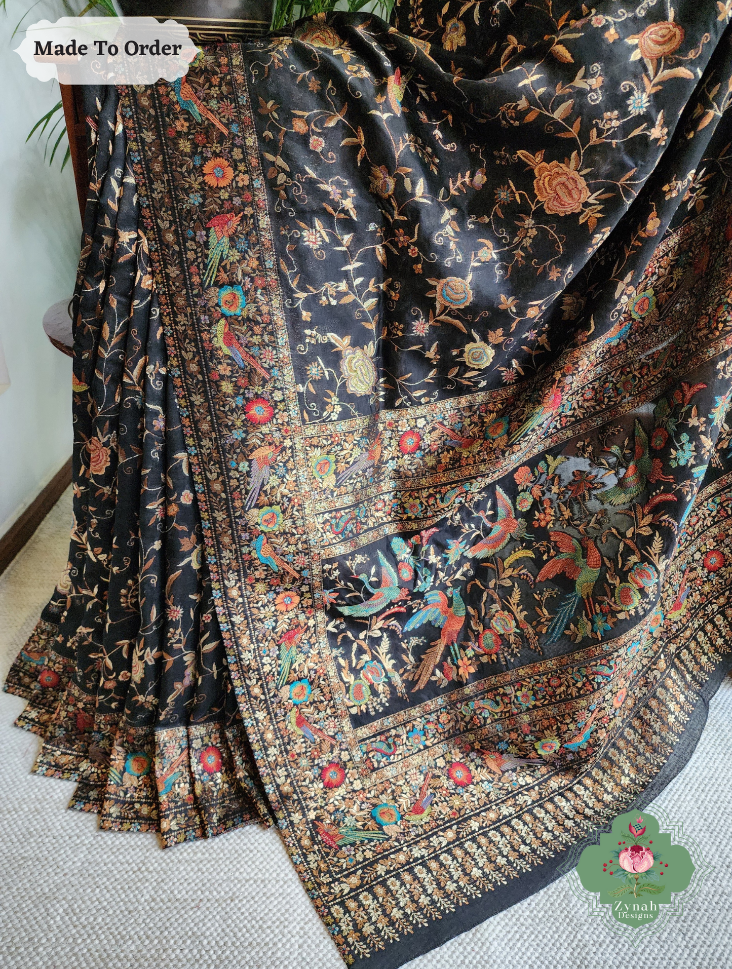 Zynah Made To Order Black Handwoven Kashmiri Pure Kani Silk Jamavar Saree; Custom Stitched/Ready-made Blouse, Fall, Petticoat; SKU: 0110202504