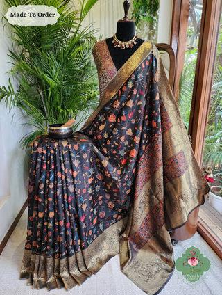 Zynah Made To Order Black Handwoven Kashmiri Pure Kani Silk Jamavar Saree; Custom Stitched/Ready-made Blouse, Fall, Petticoat; SKU: 0110202505