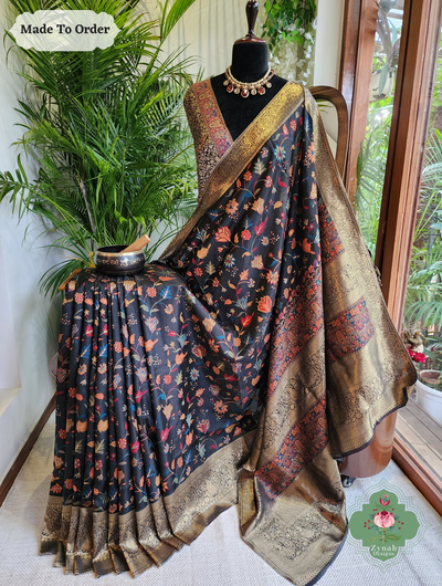 Zynah Made To Order Black Handwoven Kashmiri Pure Kani Silk Jamavar Saree; Custom Stitched/Ready-made Blouse, Fall, Petticoat; SKU: 0110202505