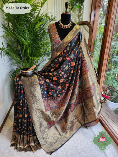 Zynah Made To Order Black Handwoven Kashmiri Pure Kani Silk Jamavar Saree; Custom Stitched/Ready-made Blouse, Fall, Petticoat; SKU: 0110202505