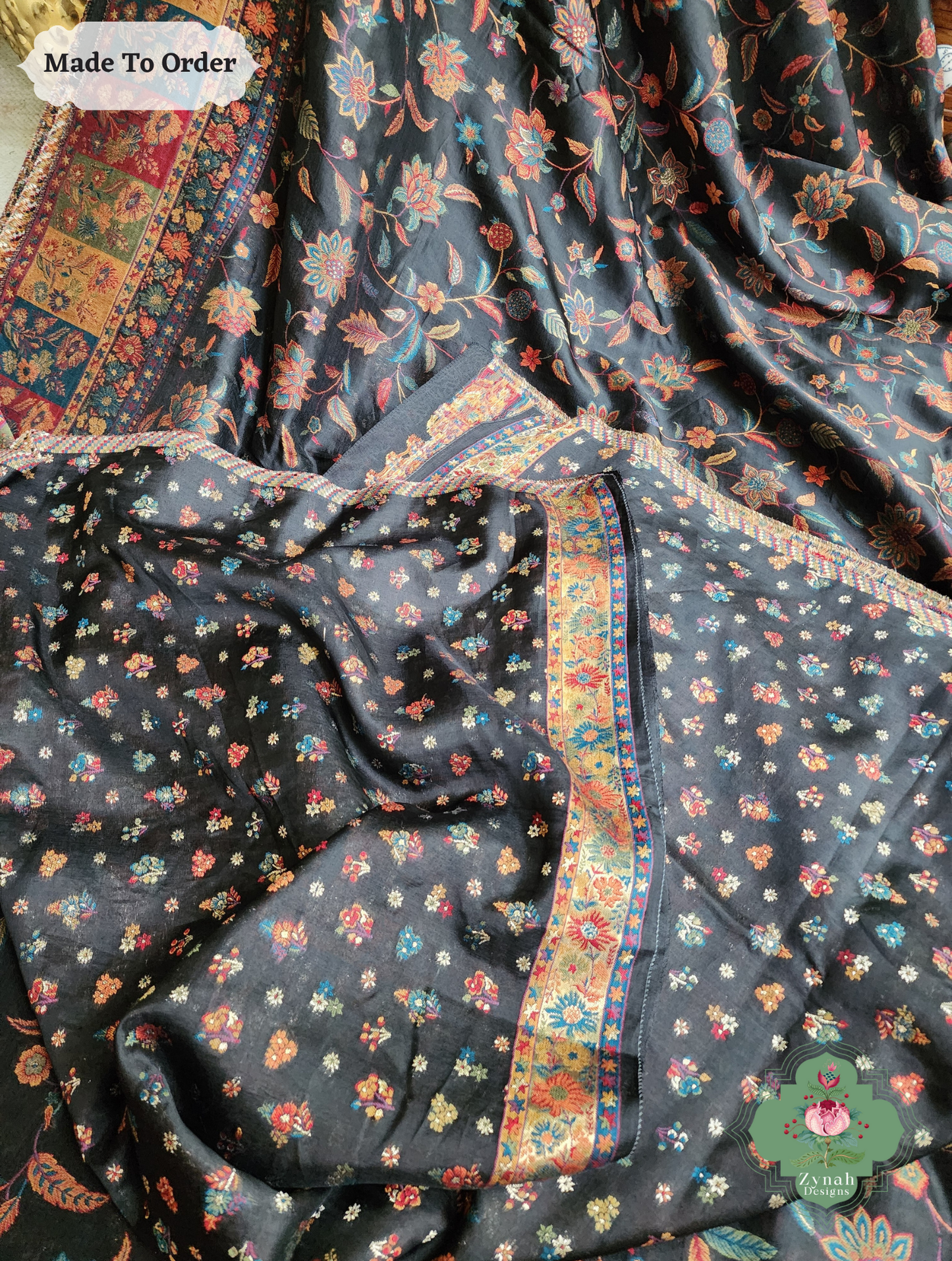 Zynah Kaali Raat-Black Woven Kashmiri Pure Kani Silk Jamavar Saree