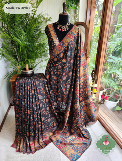 Zynah Made To Order Black Handwoven Kashmiri Pure Kani Silk Jamavar Saree; Custom Stitched/Ready-made Blouse, Fall, Petticoat; SKU: 0110202506