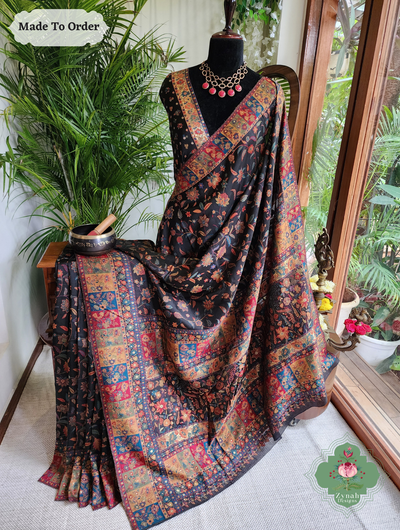 Zynah Made To Order Black Handwoven Kashmiri Pure Kani Silk Jamavar Saree; Custom Stitched/Ready-made Blouse, Fall, Petticoat; SKU: 0110202506