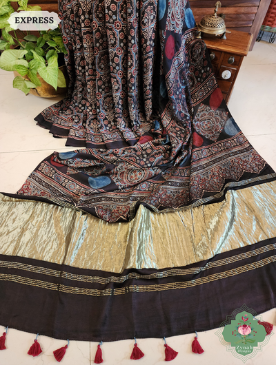 Black Ajrakh Modal Silk Saree Crafted Using The Traditional Method Of Hand Block Printing Using 100% Natural Dyes 1