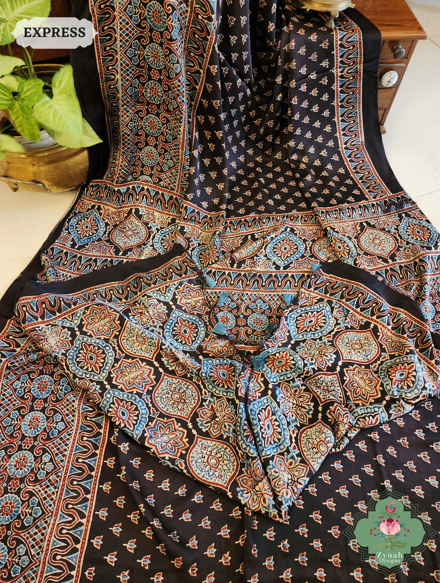 Black Modal Silk Saree Crafted Using The Traditional Method Of Hand Block Printing Using 100% Natural Dyes 6