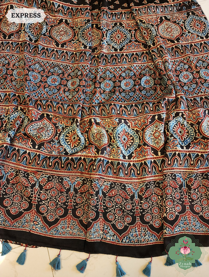 Black Modal Silk Saree Crafted Using The Traditional Method Of Hand Block Printing Using 100% Natural Dyes 9