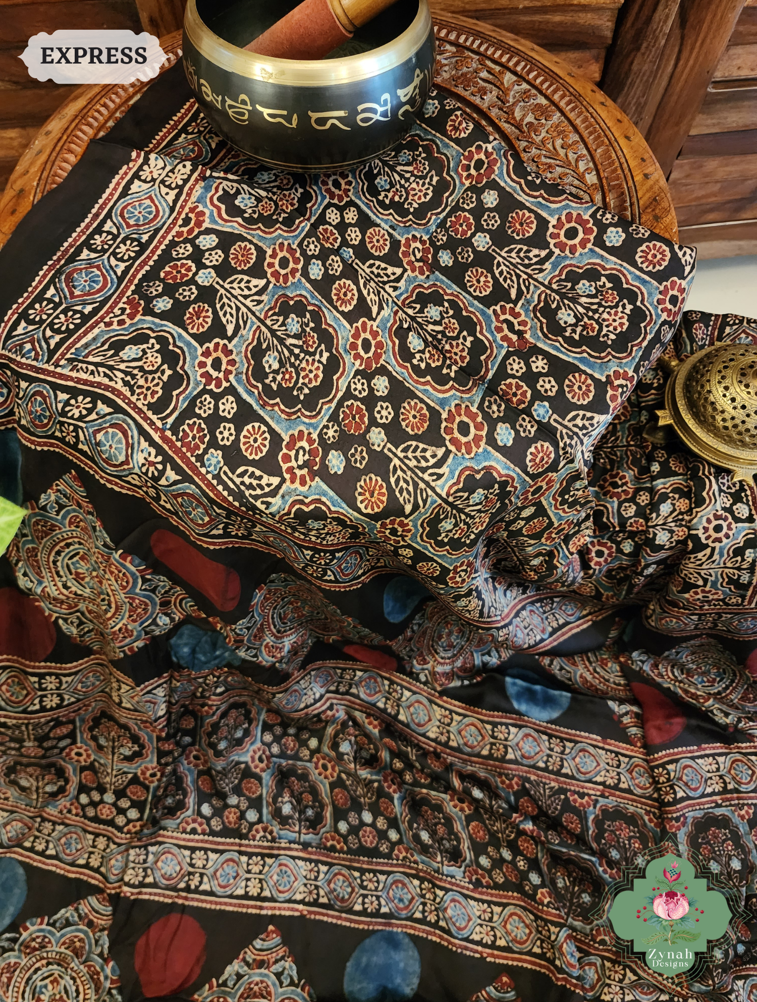 Black Ajrakh Modal Silk Saree Crafted Using The Traditional Method Of Hand Block Printing Using 100% Natural Dyes 6