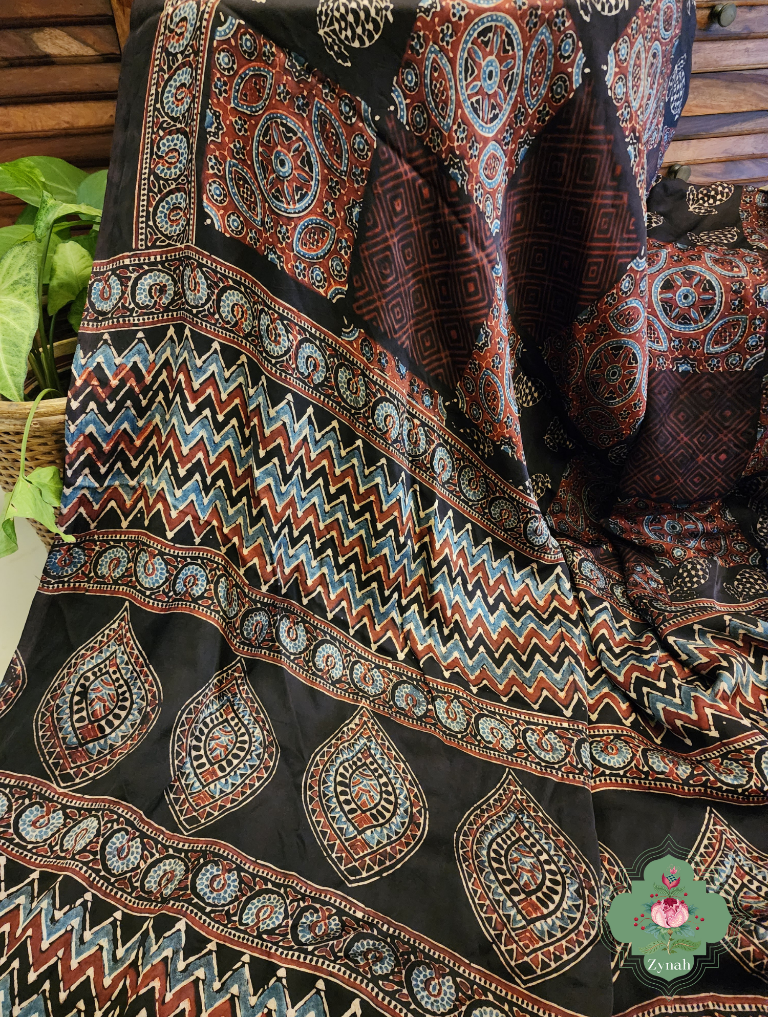 Black Ajrakh Modal Silk Saree With Lagdi Patta Pallu 10