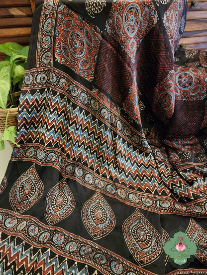 Black Ajrakh Modal Silk Saree With Lagdi Patta Pallu 10