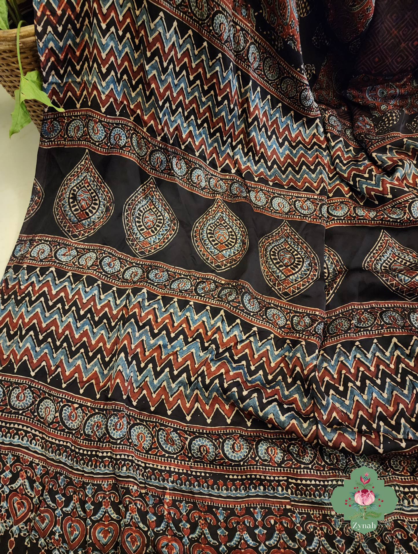 Black Ajrakh Modal Silk Saree With Lagdi Patta Pallu 11