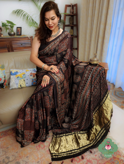 Black Ajrakh Modal Silk Saree With Lagdi Patta Pallu 1