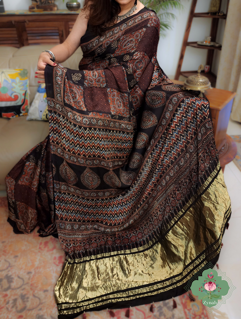 Black Ajrakh Modal Silk Saree With Lagdi Patta Pallu 3