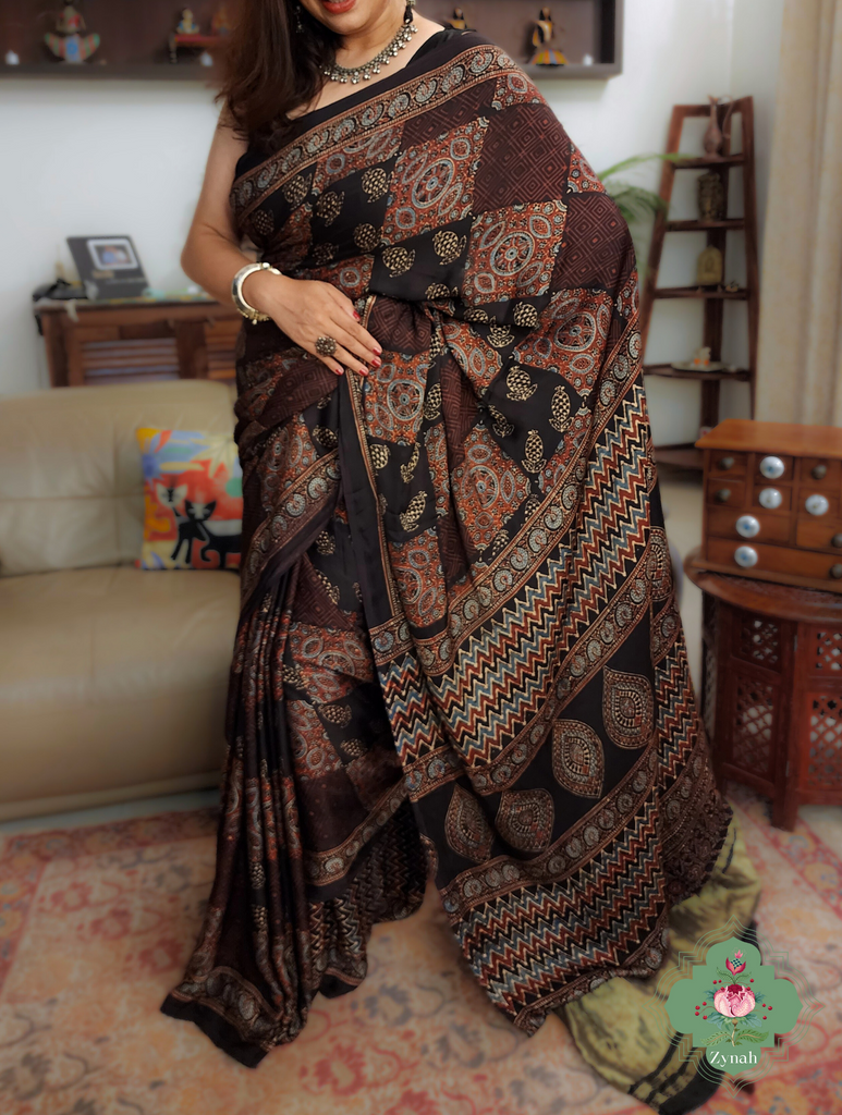 Black Ajrakh Modal Silk Saree With Lagdi Patta Pallu 4