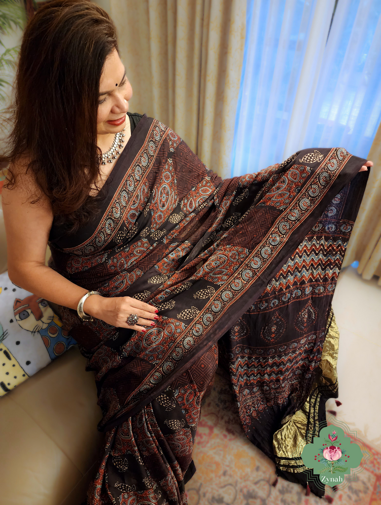 Black Ajrakh Modal Silk Saree With Lagdi Patta Pallu 5