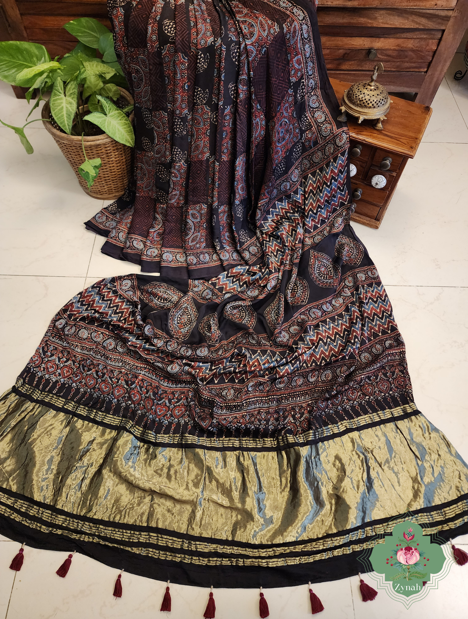 Black Ajrakh Modal Silk Saree With Lagdi Patta Pallu 6