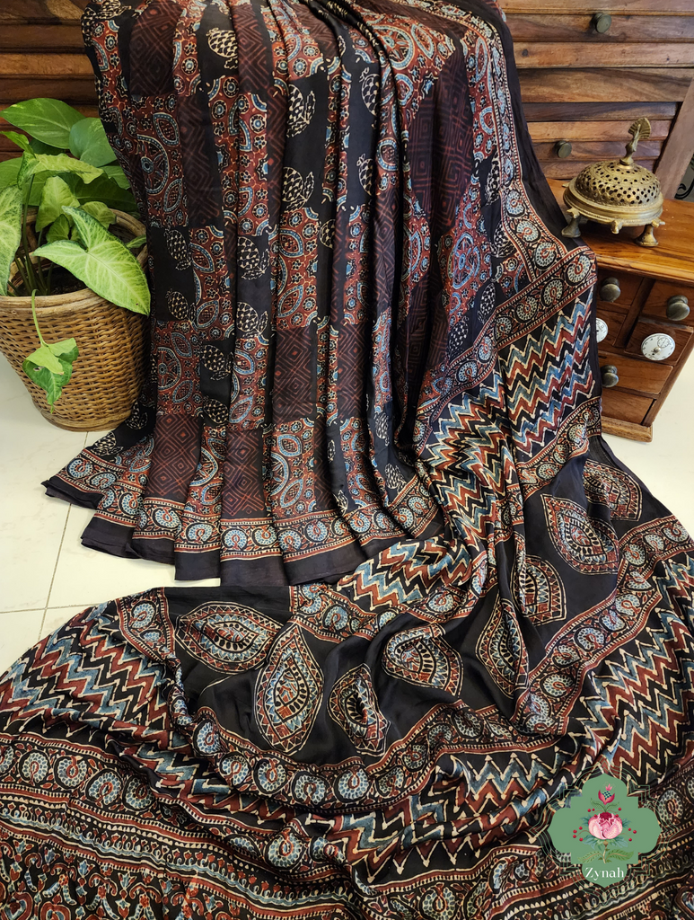 Black Ajrakh Modal Silk Saree With Lagdi Patta Pallu 7