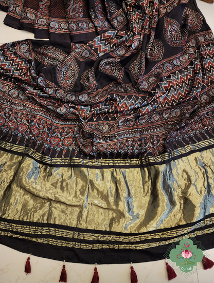 Black Ajrakh Modal Silk Saree With Lagdi Patta Pallu 9