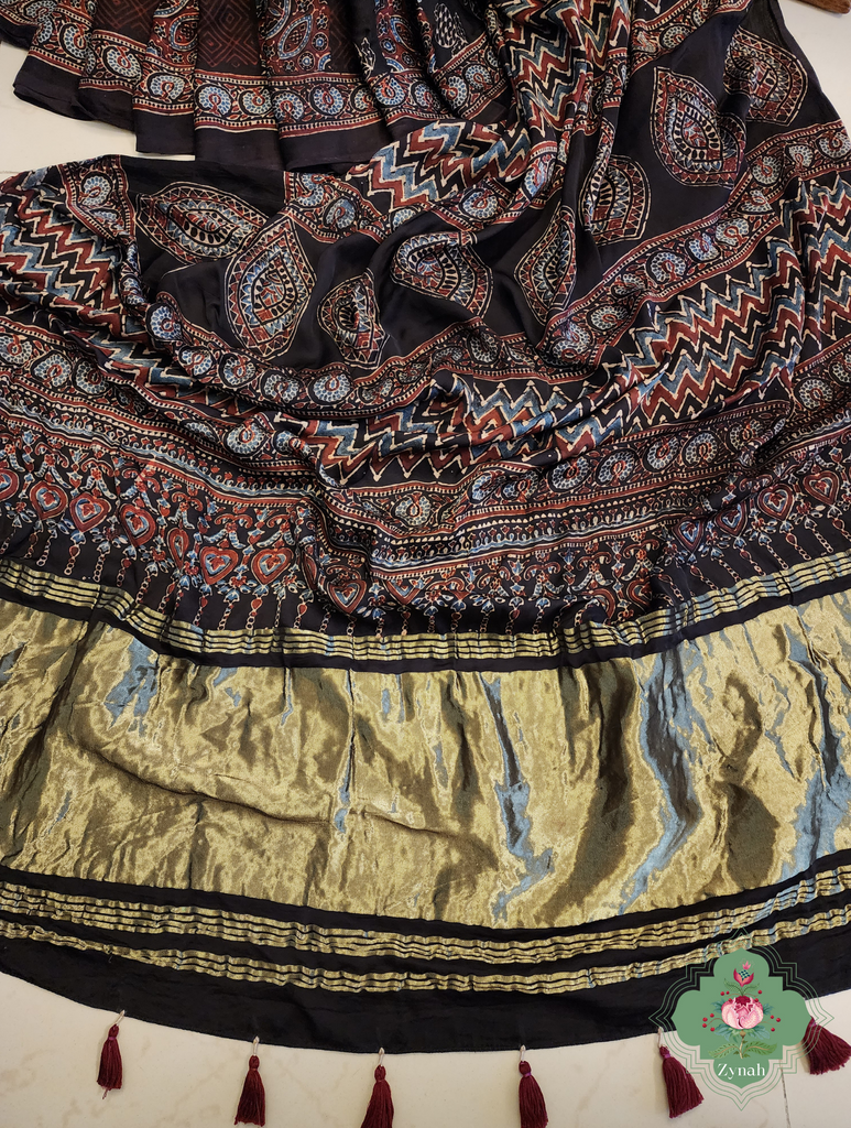 Black Ajrakh Modal Silk Saree With Lagdi Patta Pallu 9
