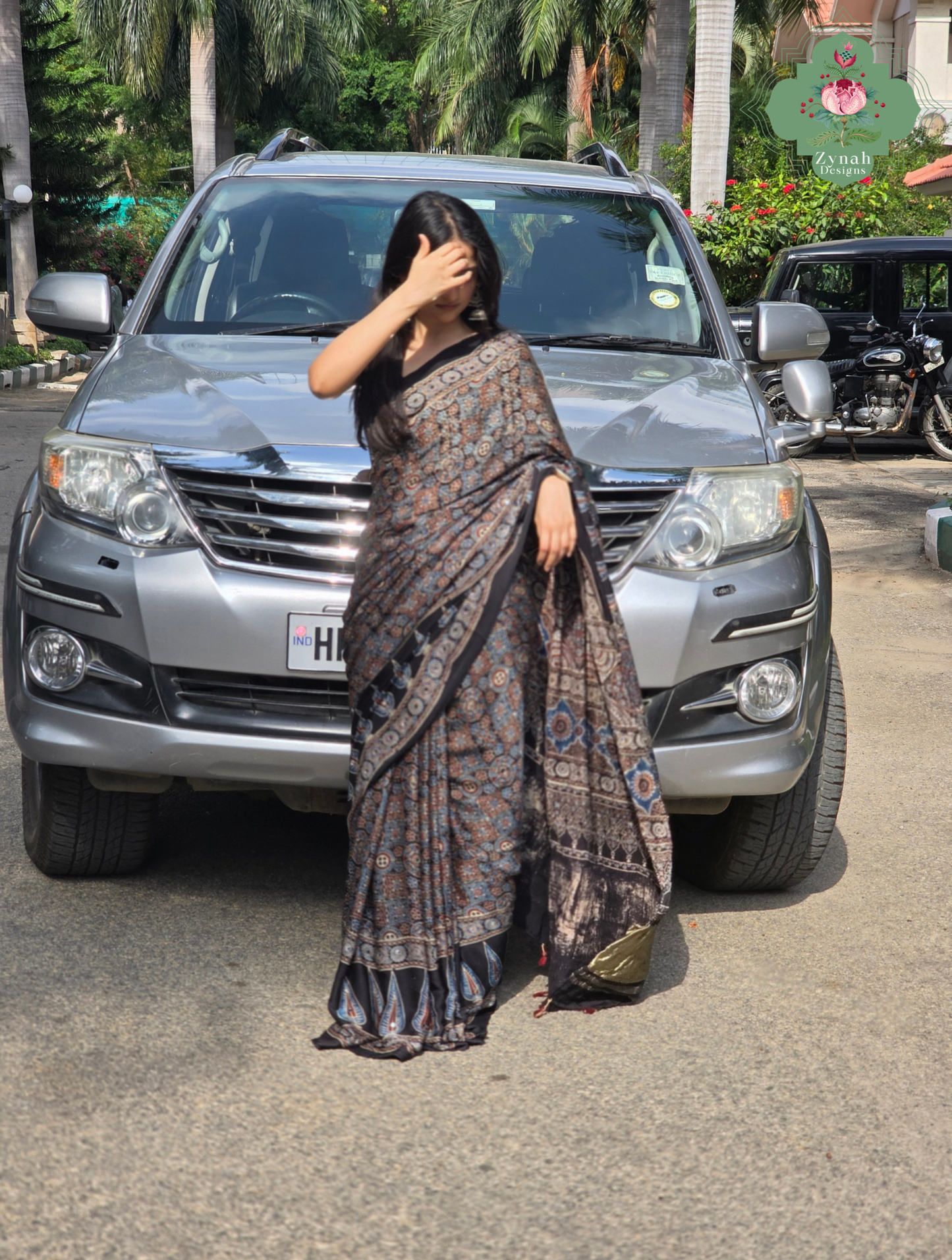 Dilruba Black Modal Silk Ajrakh Saree With Mirror Work And Lagdi Patta Pallu