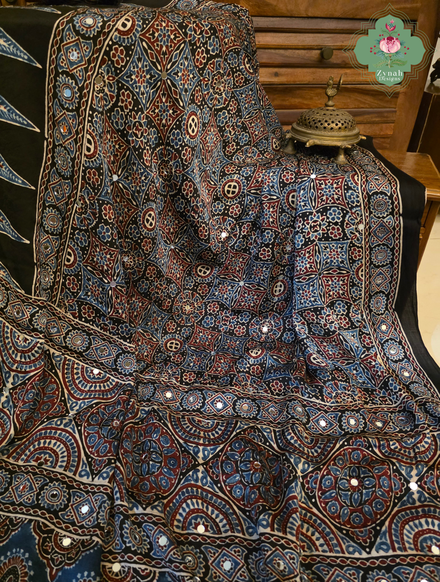 Dilruba Black Modal Silk Ajrakh Saree With Mirror Work And Lagdi Patta Pallu