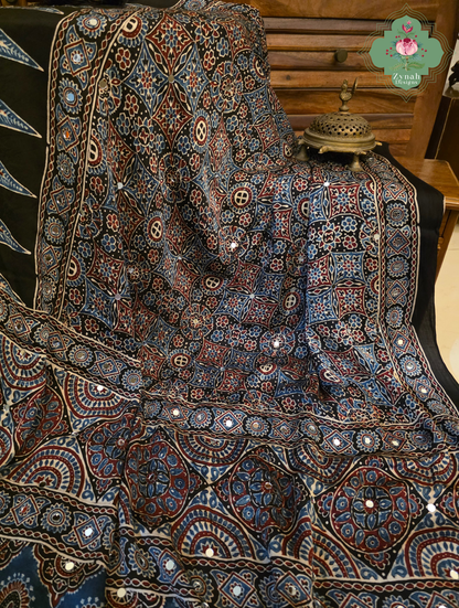 Dilruba Black Modal Silk Ajrakh Saree With Mirror Work And Lagdi Patta Pallu