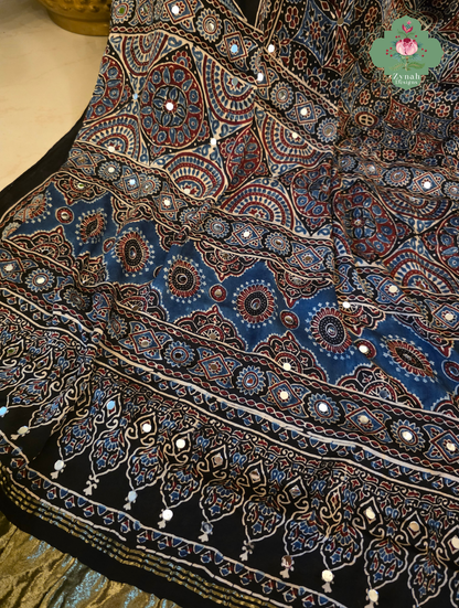 Dilruba Black Modal Silk Ajrakh Saree With Mirror Work And Lagdi Patta Pallu