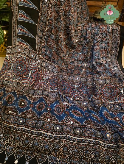 Dilruba Black Modal Silk Ajrakh Saree With Mirror Work And Lagdi Patta Pallu