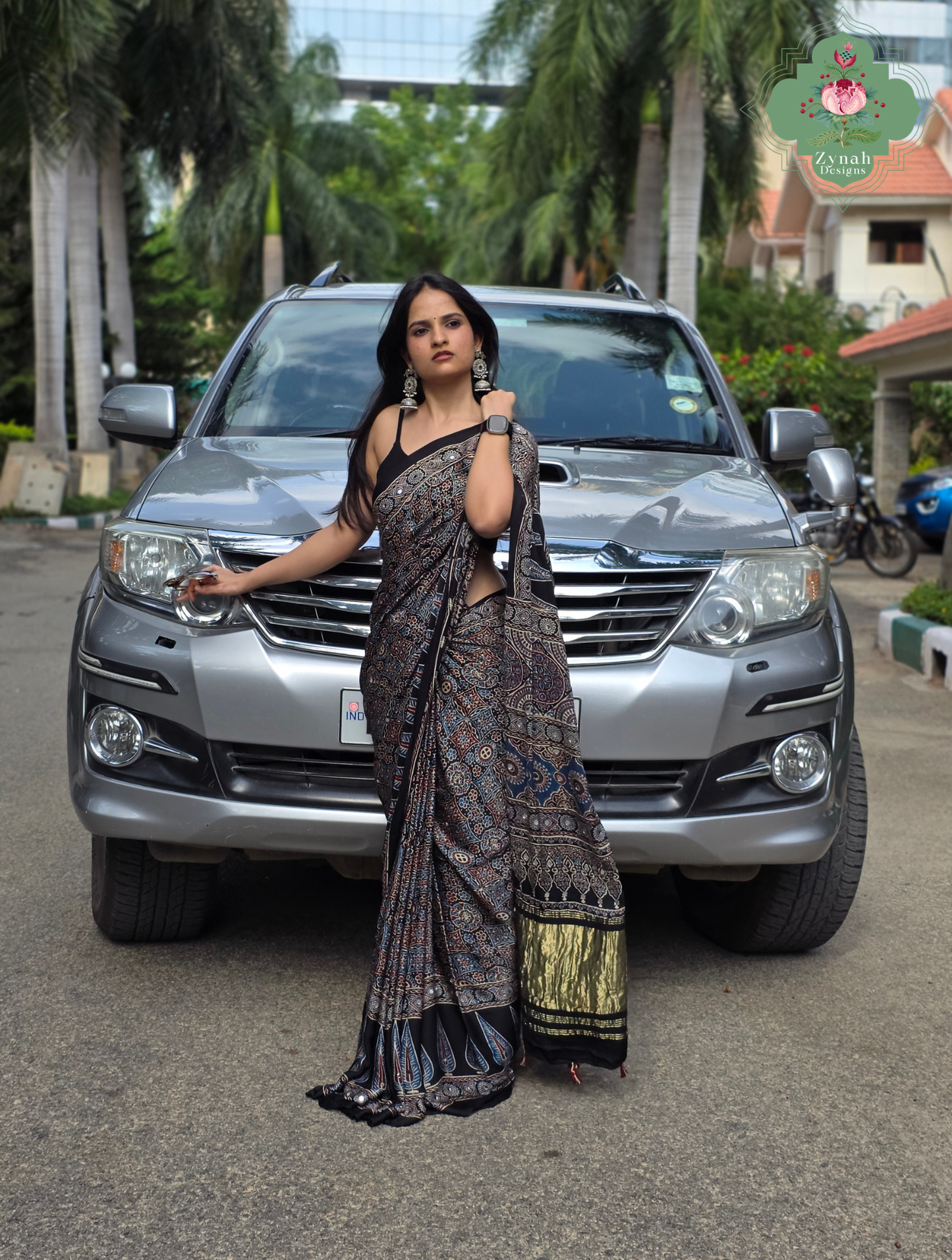 Dilruba Black Modal Silk Ajrakh Saree With Mirror Work And Lagdi Patta Pallu