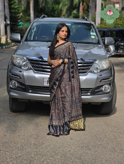 Dilruba Black Modal Silk Ajrakh Saree With Mirror Work And Lagdi Patta Pallu