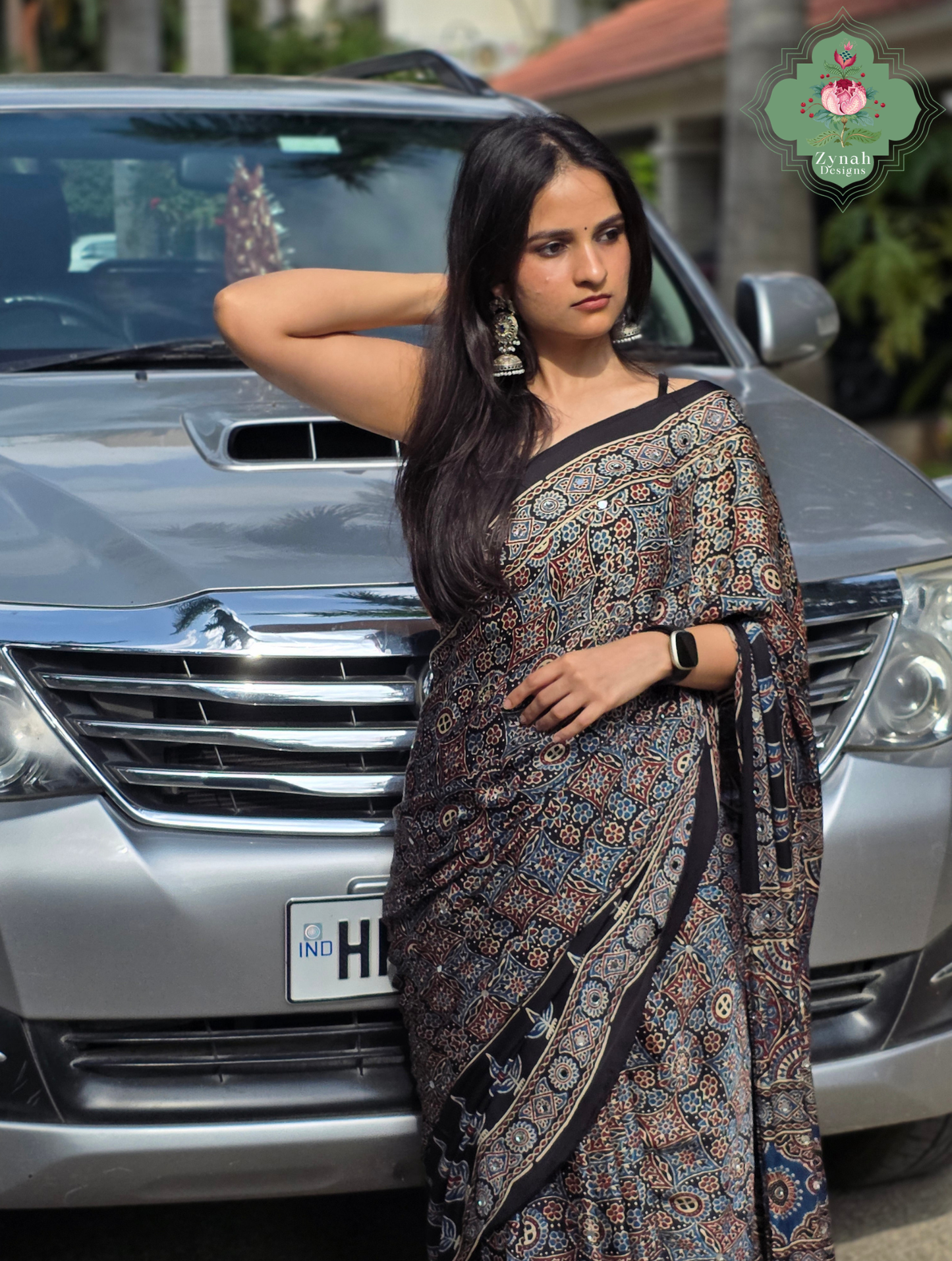 Dilruba Black Modal Silk Ajrakh Saree With Mirror Work And Lagdi Patta Pallu
