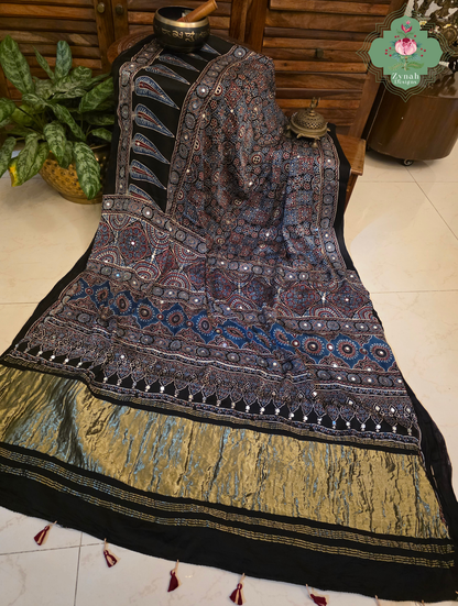 Dilruba Black Modal Silk Ajrakh Saree With Mirror Work And Lagdi Patta Pallu