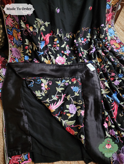 Zynah Shaam-e-Parizad – Black Pure Crepe Silk Hand Embroidered Authentic Parsi Gara Saree