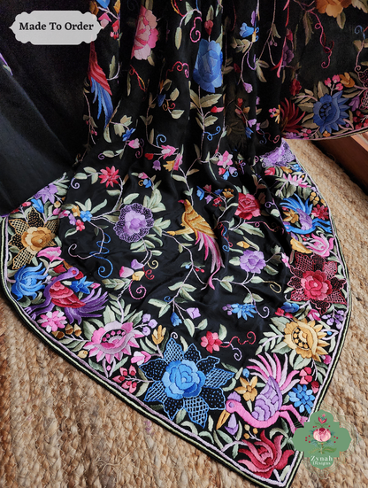 Zynah Shaam-e-Parizad – Black Pure Crepe Silk Hand Embroidered Authentic Parsi Gara Saree