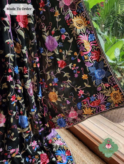 Zynah Shaam-e-Parizad – Black Pure Crepe Silk Hand Embroidered Authentic Parsi Gara Saree
