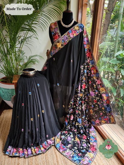 Zynah Made To Order Black Pure Crepe Silk Hand Embroidered Authentic Parsi Gara Saree; Custom Stitched/Ready-made Blouse, Fall, Petticoat; SKU: 1109202505