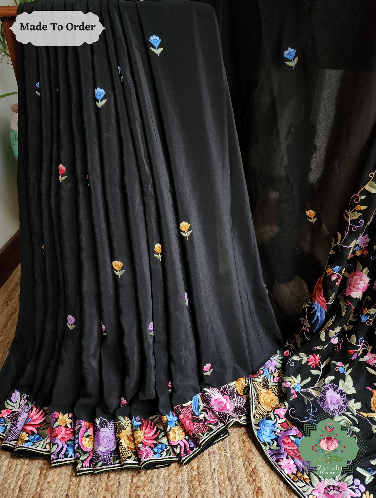 Zynah Shaam-e-Parizad – Black Pure Crepe Silk Hand Embroidered Authentic Parsi Gara Saree