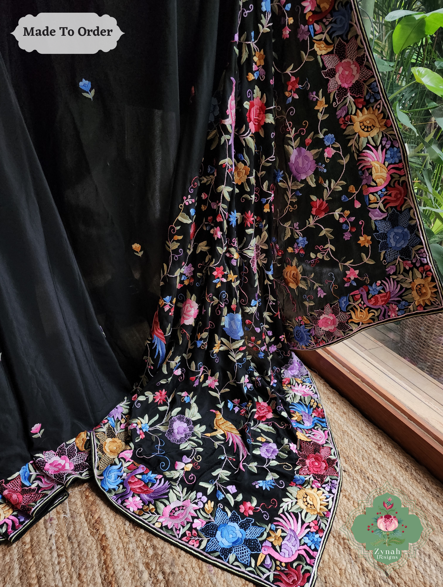 Zynah Shaam-e-Parizad – Black Pure Crepe Silk Hand Embroidered Authentic Parsi Gara Saree