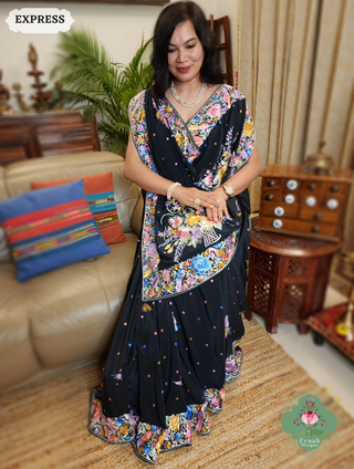 Zynah Black Crepe Silk Hand Embroidered Authentic Parsi Gara Saree With Designer Bouquet Motifs; Custom Stitched/Ready-made Blouse, Fall, Petticoat; SKU: 0901202502