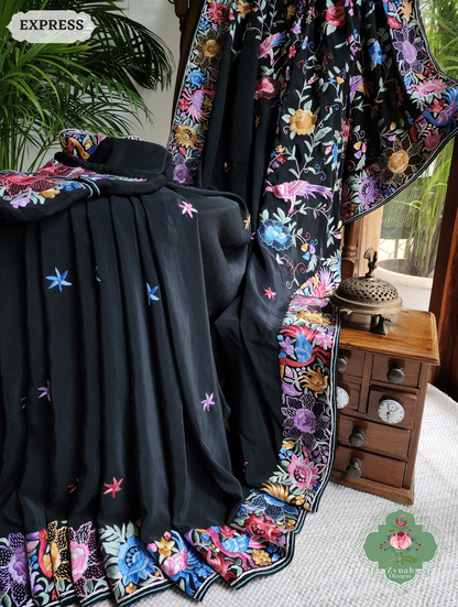 Zynah Made To Order Black Crepe Silk Hand Embroidered Authentic Parsi Gara Saree With Jaal Pallu; Custom Stitched/Ready-made Blouse, Fall, Petticoat; SKU: 0901202501