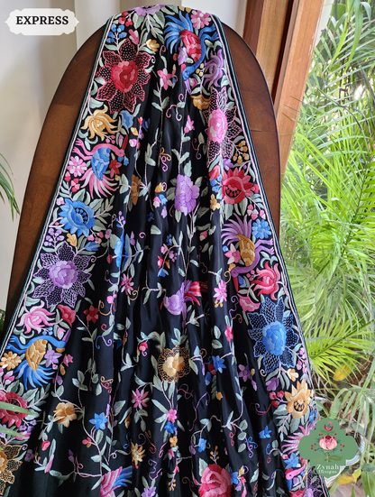 Zynah Made To Order Black Crepe Silk Hand Embroidered Authentic Parsi Gara Saree With Jaal Pallu; Custom Stitched/Ready-made Blouse, Fall, Petticoat; SKU: 0901202501