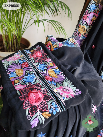 Zynah Made To Order Black Crepe Silk Hand Embroidered Authentic Parsi Gara Saree With Jaal Pallu; Custom Stitched/Ready-made Blouse, Fall, Petticoat; SKU: 0901202501
