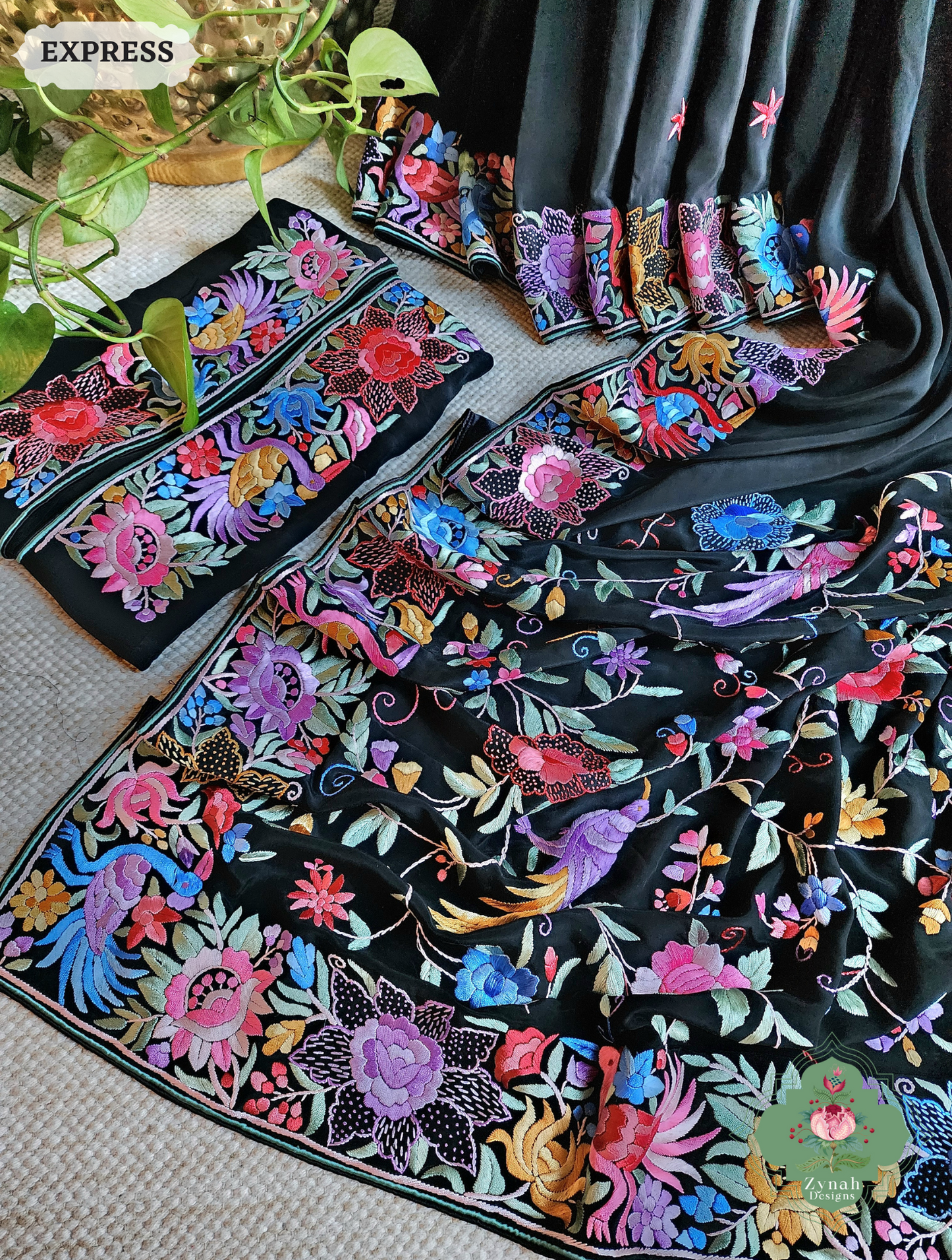 Zynah Made To Order Black Crepe Silk Hand Embroidered Authentic Parsi Gara Saree With Jaal Pallu; Custom Stitched/Ready-made Blouse, Fall, Petticoat; SKU: 0901202501