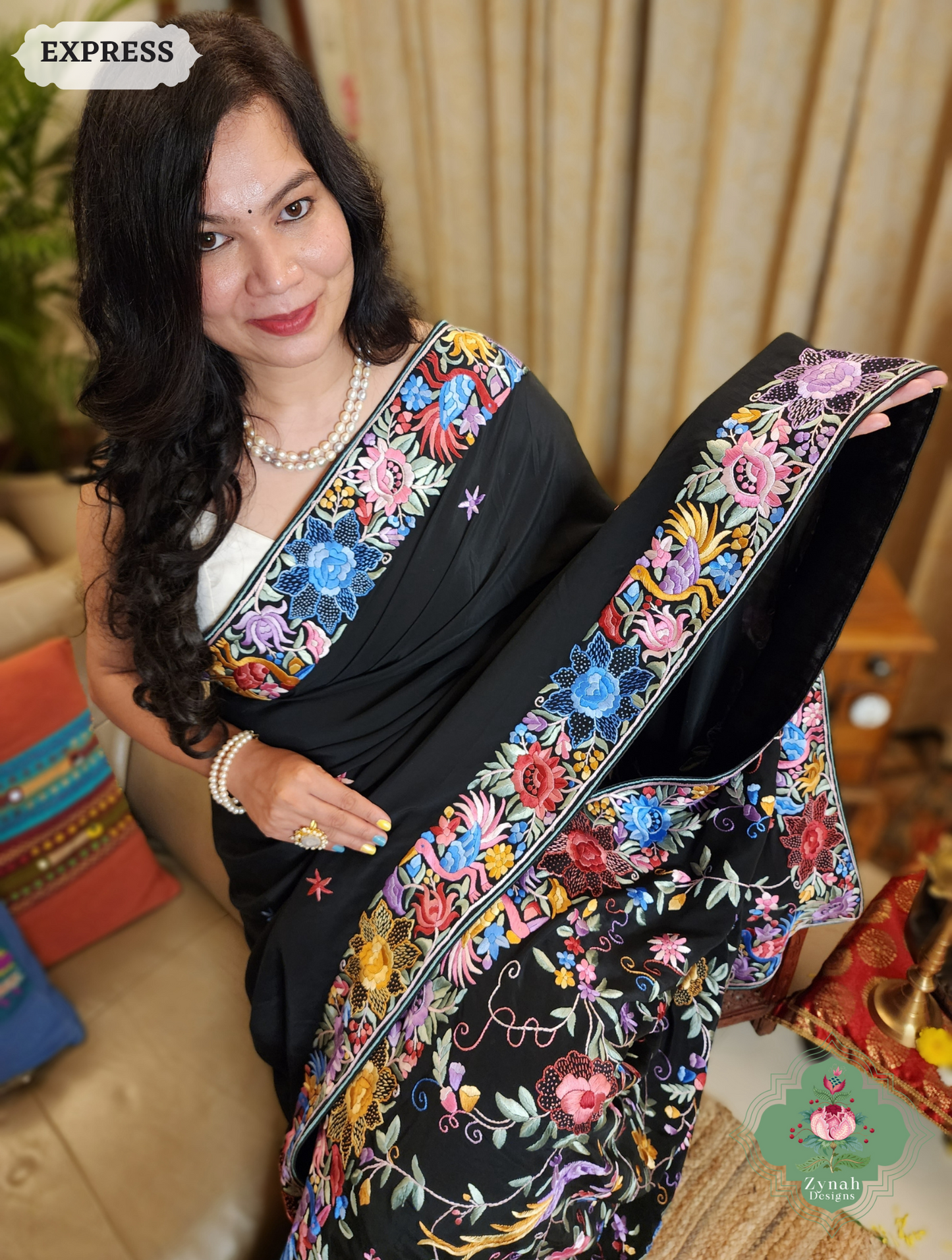 Zynah Made To Order Black Crepe Silk Hand Embroidered Authentic Parsi Gara Saree With Jaal Pallu; Custom Stitched/Ready-made Blouse, Fall, Petticoat; SKU: 0901202501